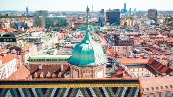 view from st. stephen's cathedral over stephansplatz square in vienna, capital of austria on sunny day