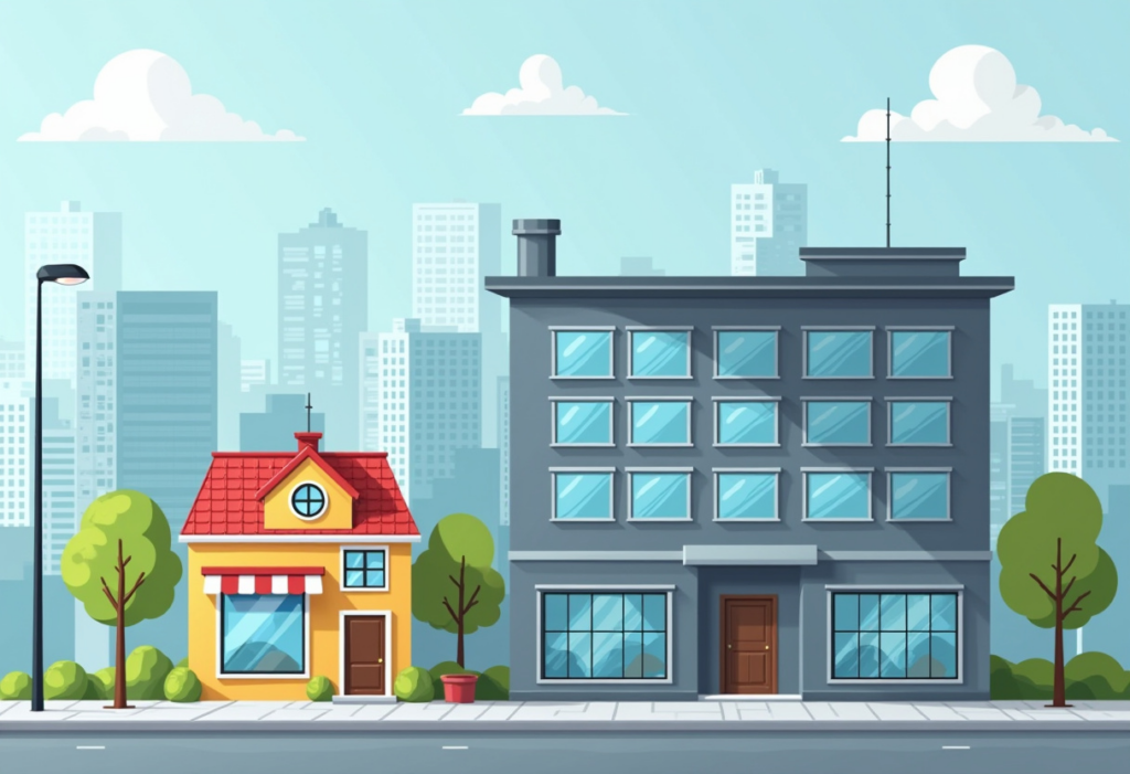 A graphic of a small and a medium sized building, representing businesses