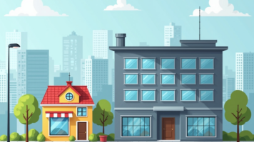 A graphic of a small and a medium sized building, representing businesses