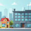 A graphic of a small and a medium sized building, representing businesses
