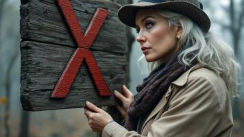 Eine Frau mit Mantel und Hut, die ein Schild mit großem, rotem "X" inspiziert.