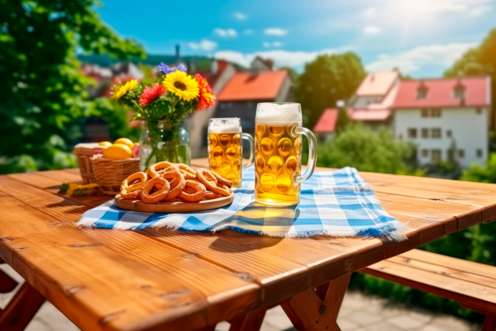 image table with food beer with landscape background