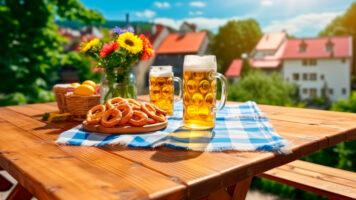 image table with food beer with landscape background