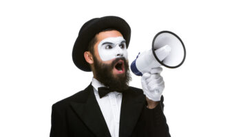 man holding megaphone make loud noise